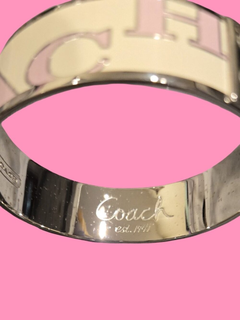 COACH BRACELET CUFF PINK AND WHITE WITH STUDS ON SIDES-8 inches around